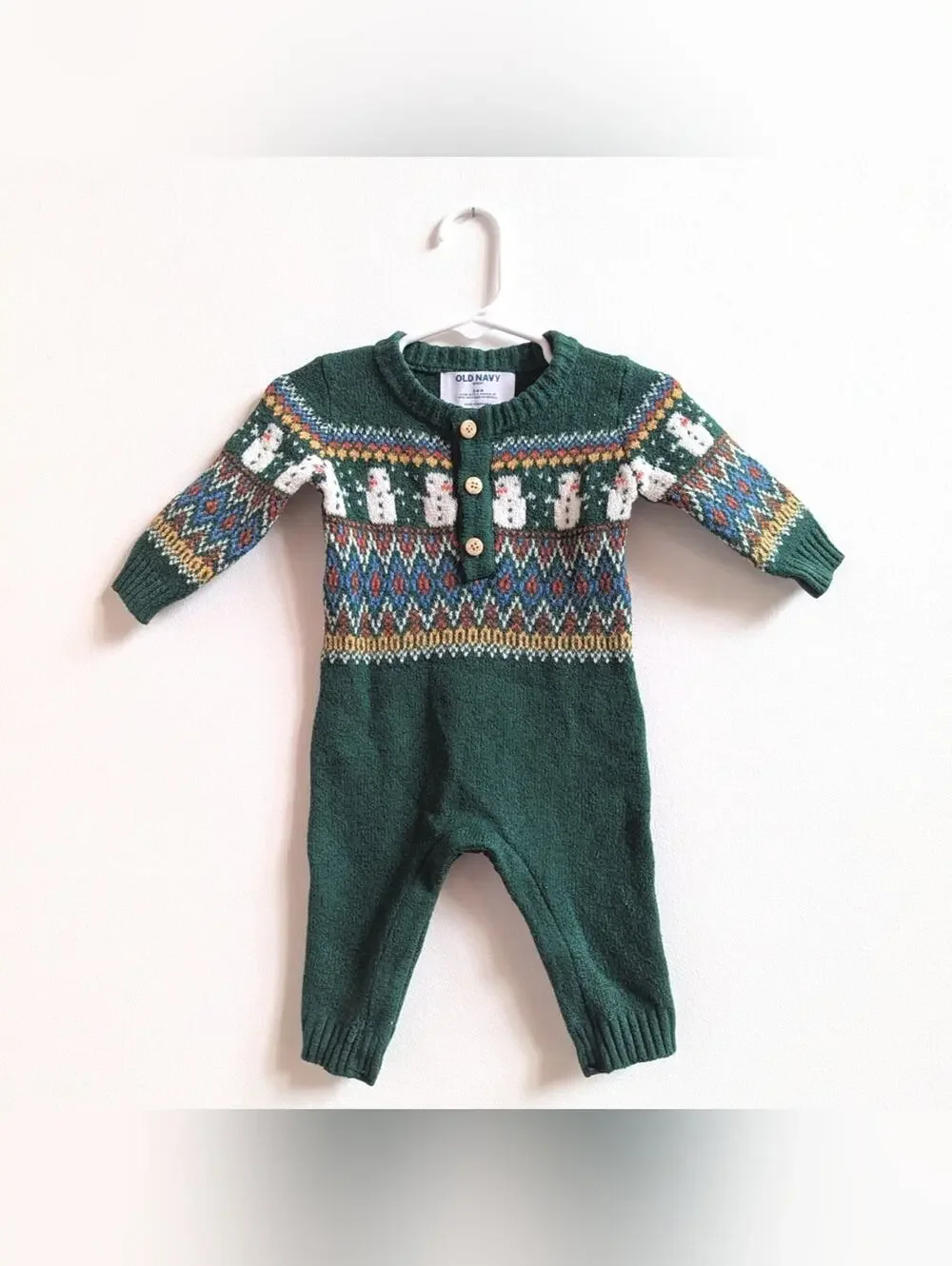 Old Navy Sweater Romper 3-6m Baby Boys Green Snowman Christmas Winter